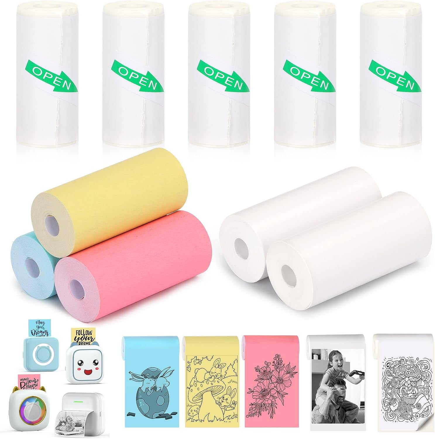 10 Rolls Mini Printer Paper - 5 Thermal Sticky & 5 Plain, 57X25Mm for Inkless Printer, Notes, Journal, Memo, Photo, Study