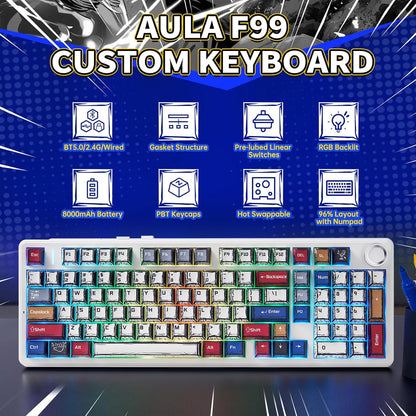 X Aula F99 Pro Mechanical Keyboard, Wireless Gaming Keyboards RGB Backlit Hot Swappable Custom Creamy Bluetooth Computer Keyboard, Tri-Mode Bt5.0/2.4Ghz/Usb-C, Pre-Lubed Switches PBT Keycaps