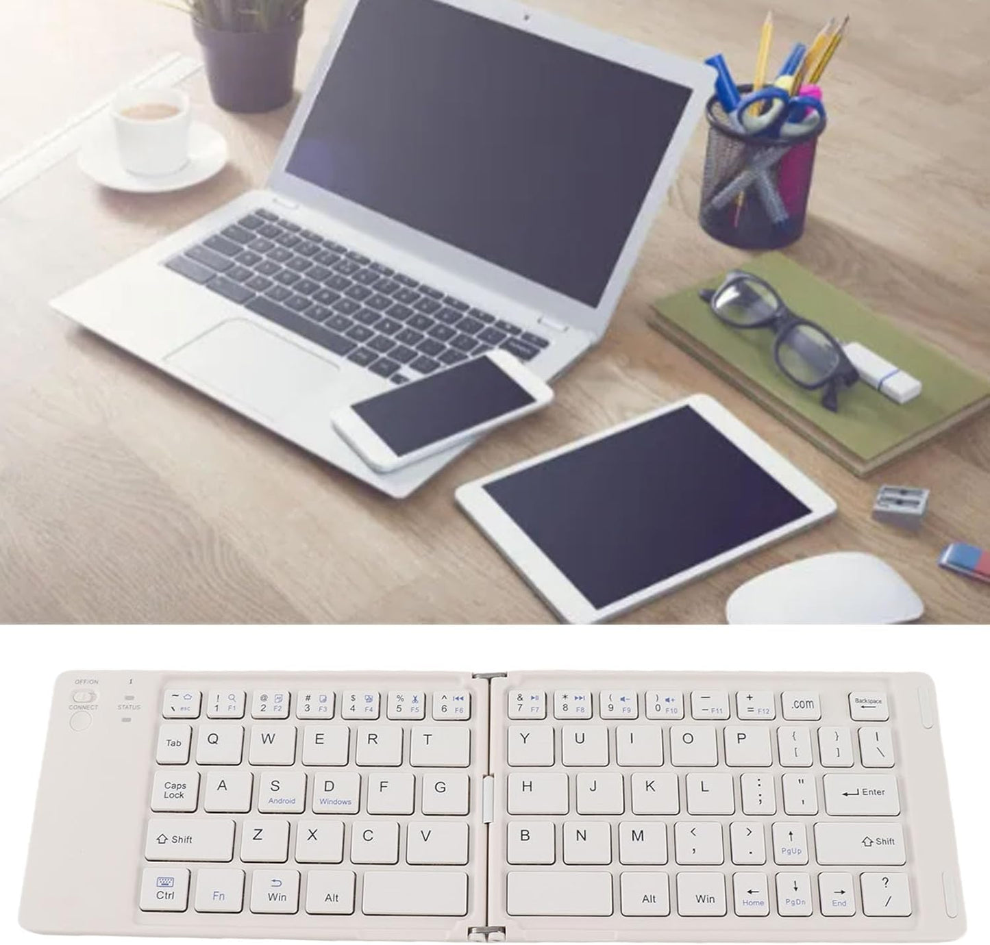 Foldable BT Keyboard - Portable BT 5.0 Wireless Keyboard, Magnetic Ultra Slim Portable Travel Keyboard, Portable Wireless Keyboard for Android for Win (White)
