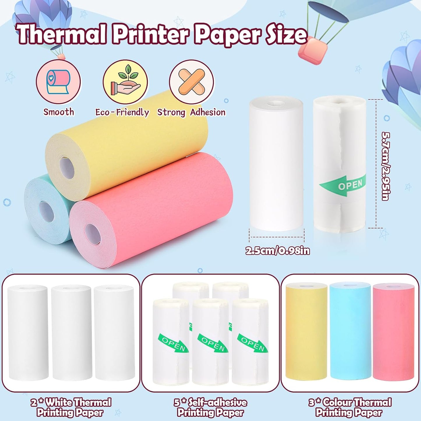 10 Rolls Mini Printer Paper - 5 Thermal Sticky & 5 Plain, 57X25Mm for Inkless Printer, Notes, Journal, Memo, Photo, Study