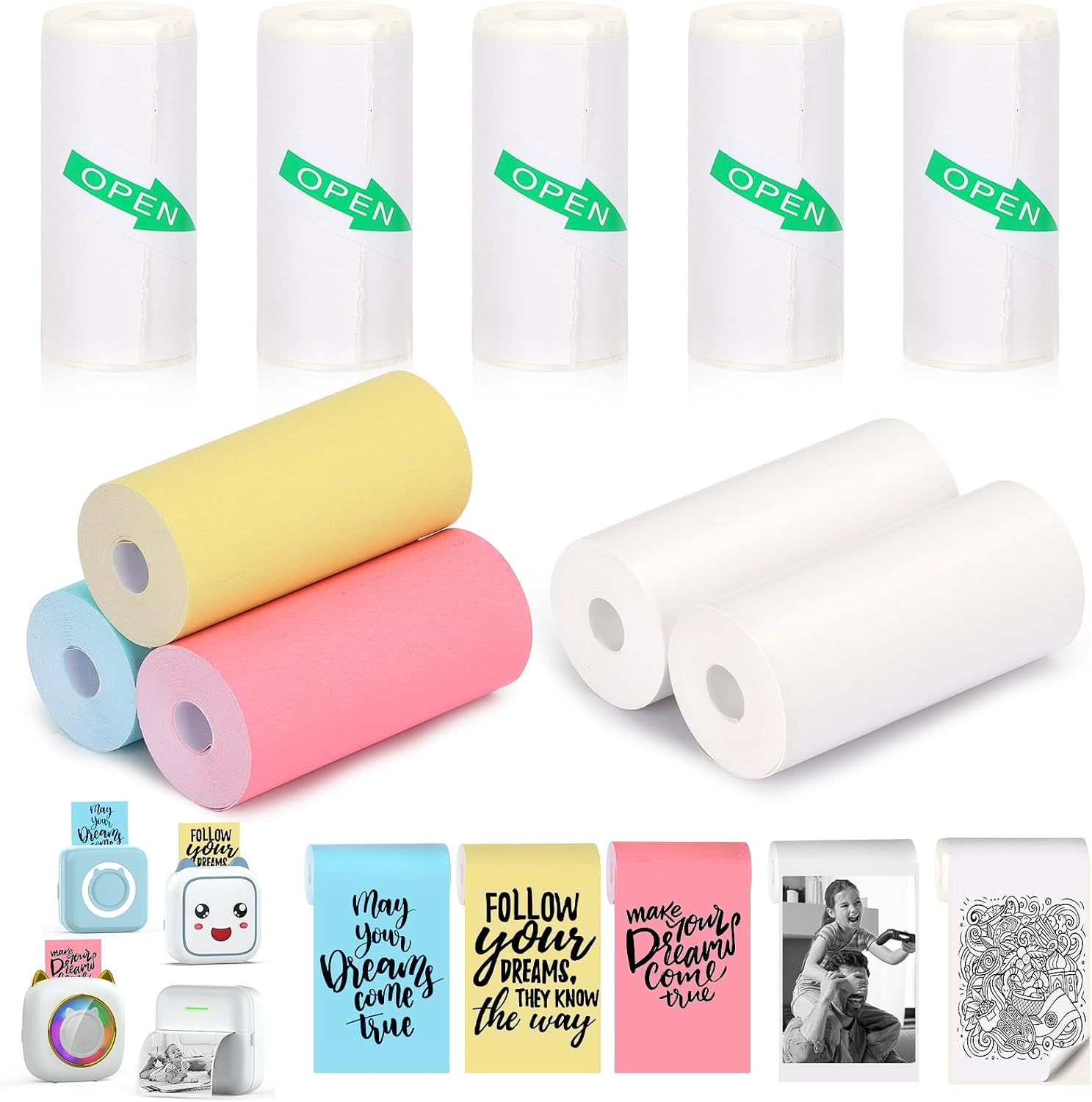 10 Rolls Mini Printer Paper - 5 Thermal Sticky & 5 Plain, 57X25Mm for Inkless Printer, Notes, Journal, Memo, Photo, Study